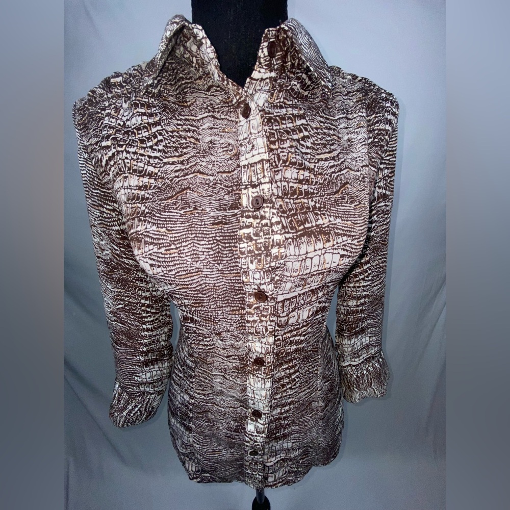 Short Sleeve Blouse Button Down Top Medium Brown Gold Metallic Sere Nade - Picture 4 of 10